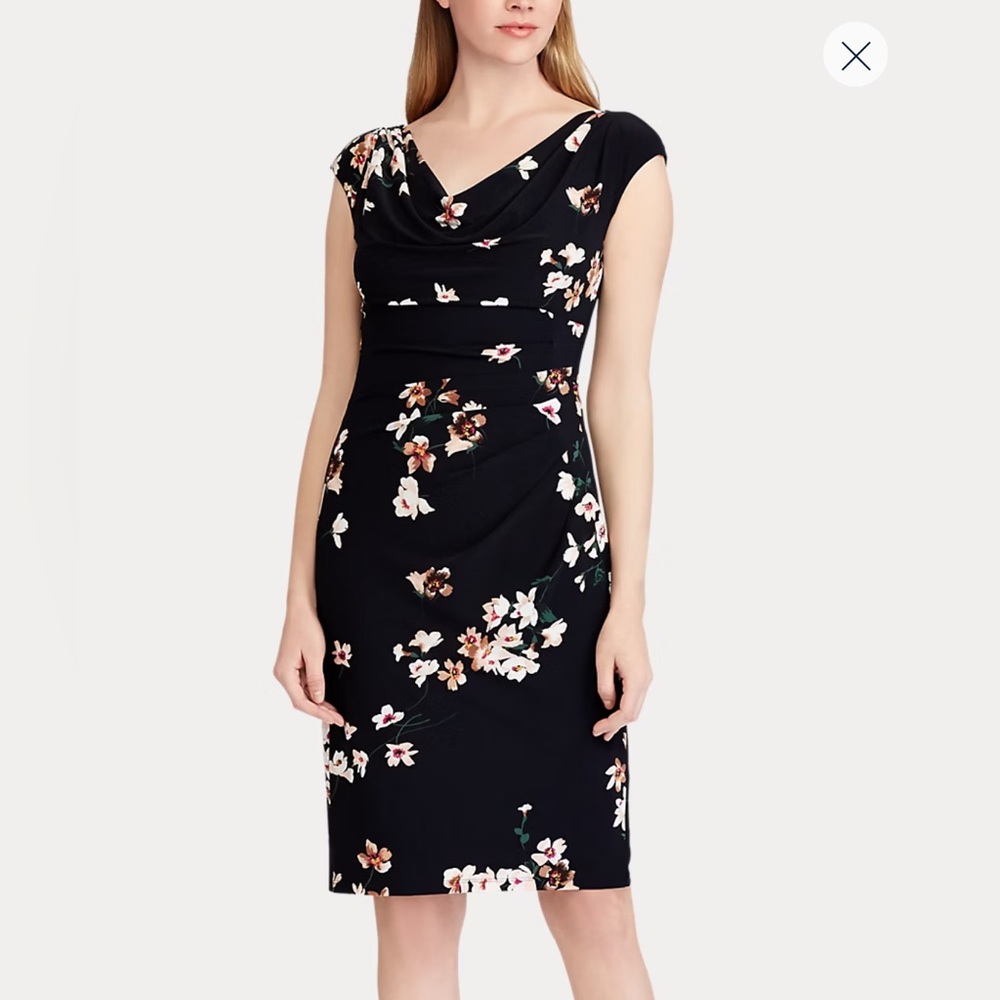 Lauren Ralph Lauren Blue Sheath Midi Dress w/Ruched V-Neck & Flutter Cap Sleeves